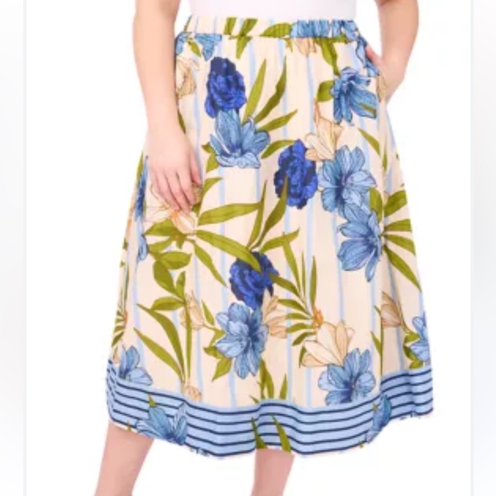 CeCe Blue Floral Maxi Skirt Plus Size 1X Elastic Waist Boho Spring Cottagecore